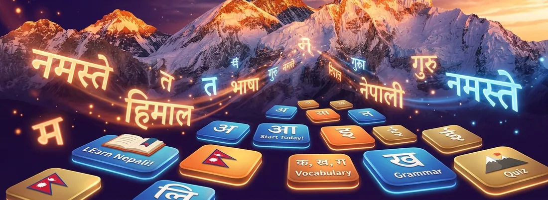 Himalayan peaks behind Nepali script tiles